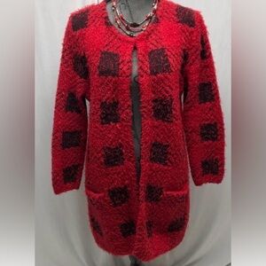 Red Black Buffalo Plaid Fuzzy Duster Cardigan Cozy Open Front Coat Pockets. Med